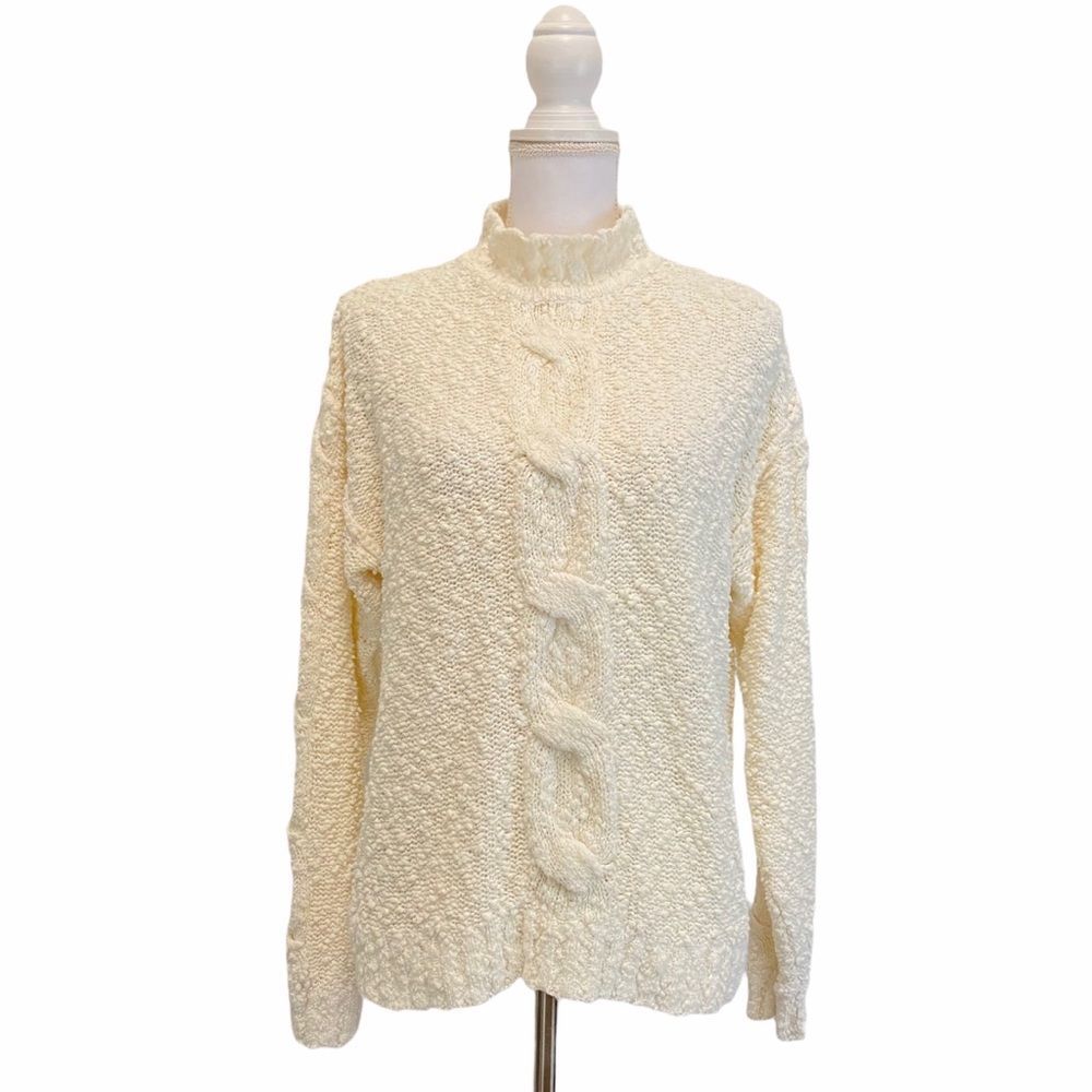 Joan Harper Cable Knit Large Textured Pullover High Neckline Long Sleeve Sweater